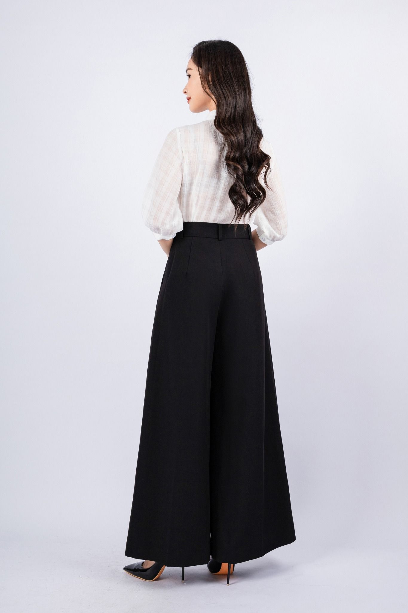 FAS33653 - Áo sơ mi công sở vải chiffont xốp dáng suông cổ đức vai phối dây ren tại kiểu - PANTIO