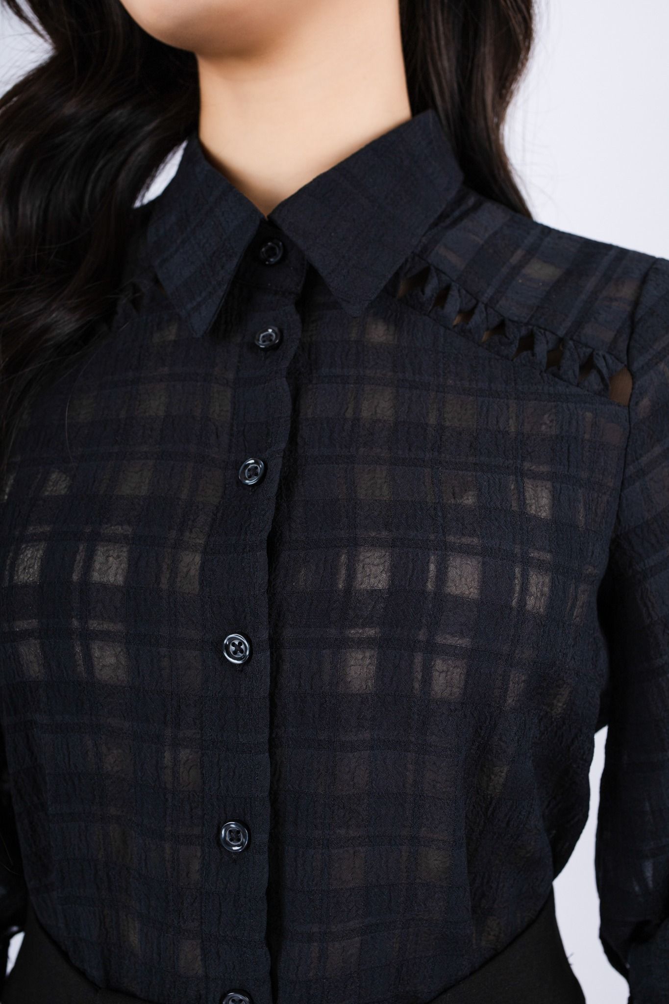 FAS33653 - Áo sơ mi công sở vải chiffont xốp dáng suông cổ đức vai phối dây ren tại kiểu - PANTIO