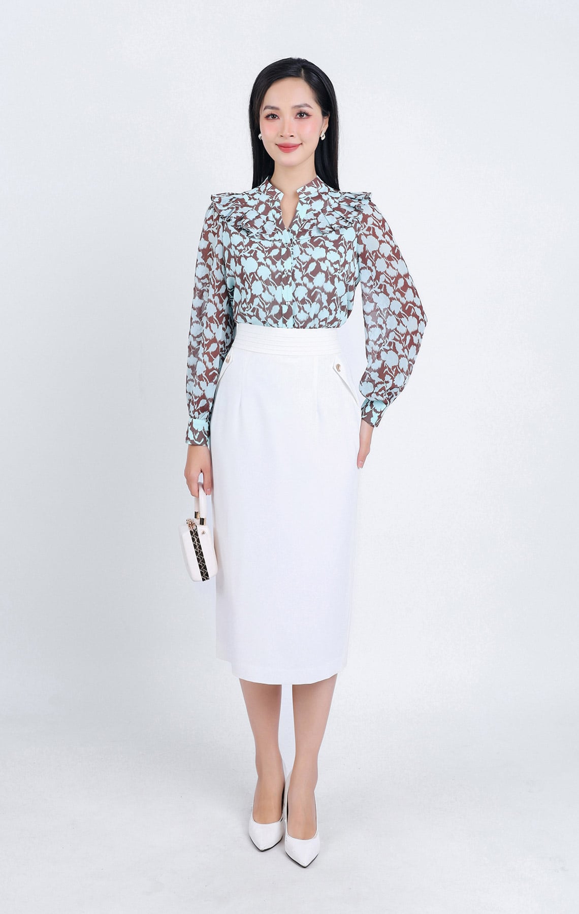 FAS33668 - Áo sơ mi công sở vải Chifon mỏng hai lớp cổ tròn xẻ vai áo phói bèo xếp ly tay bồng nhẹ - PANTIO