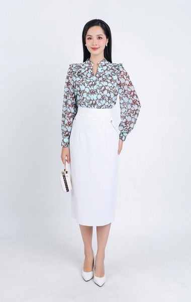 FAS33668 - Áo sơ mi công sở vải Chifon mỏng hai lớp cổ tròn xẻ vai áo phói bèo xếp ly tay bồng nhẹ - PANTIO