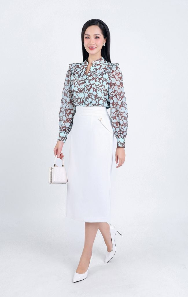 FAS33668 - Áo sơ mi công sở vải Chifon mỏng hai lớp cổ tròn xẻ vai áo phói bèo xếp ly tay bồng nhẹ - PANTIO