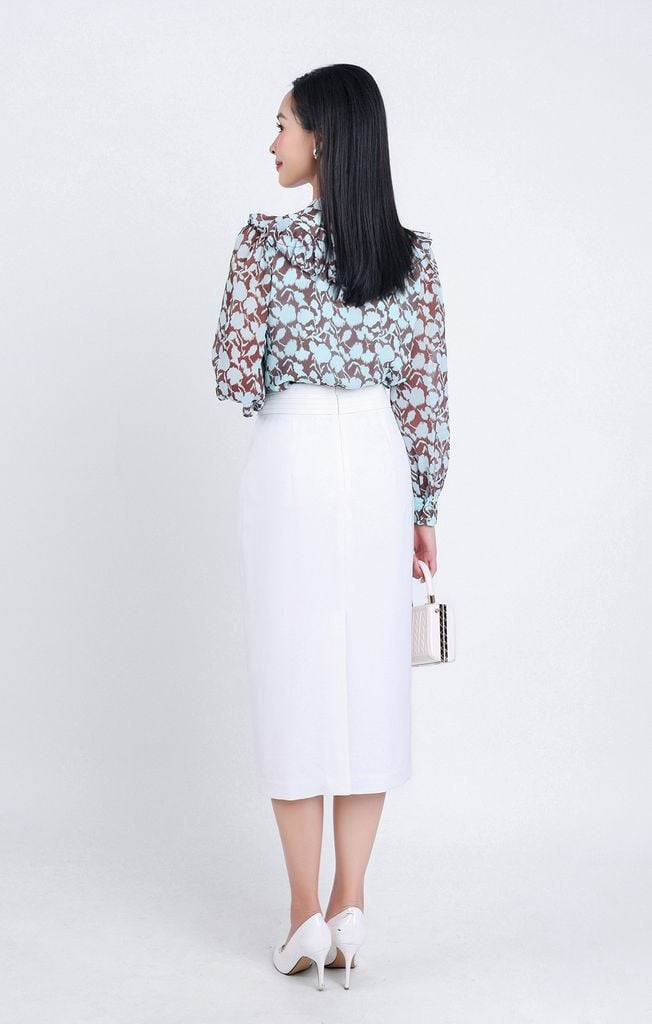 FAS33668 - Áo sơ mi công sở vải Chifon mỏng hai lớp cổ tròn xẻ vai áo phói bèo xếp ly tay bồng nhẹ - PANTIO