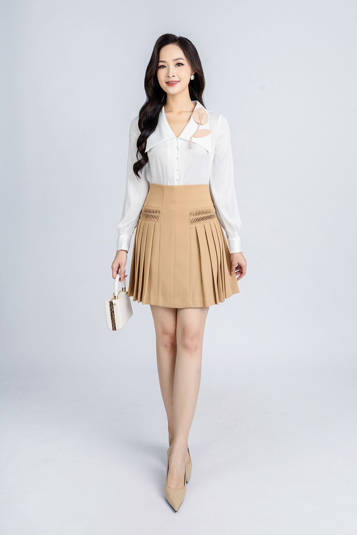 BJN12997 - Chân váy công sở vải thô dáng xòe xếp ly hông tạo kiểu - PANTIO