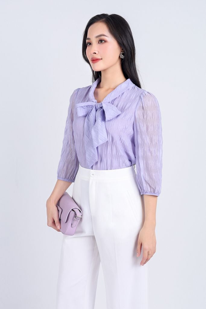 FAS33672 - Áo sơ mi công sở vải tơ hai lớp lót chifon dáng suông cổ chữ V phối vạt thắt nơ tạo kiểu tay lửng bo chun tay áo - PANTIO