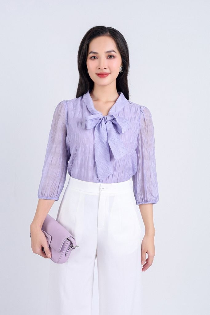 FAS33672 - Áo sơ mi công sở vải tơ hai lớp lót chifon dáng suông cổ chữ V phối vạt thắt nơ tạo kiểu tay lửng bo chun tay áo - PANTIO