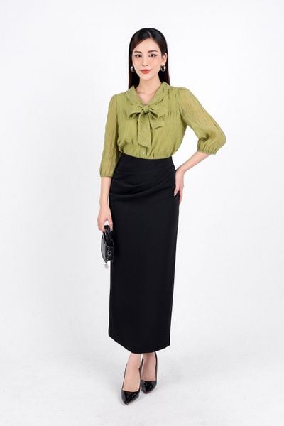 FAS33672 - Áo sơ mi công sở vải tơ hai lớp lót chifon dáng suông cổ chữ V phối vạt thắt nơ tạo kiểu tay lửng bo chun tay áo - PANTIO