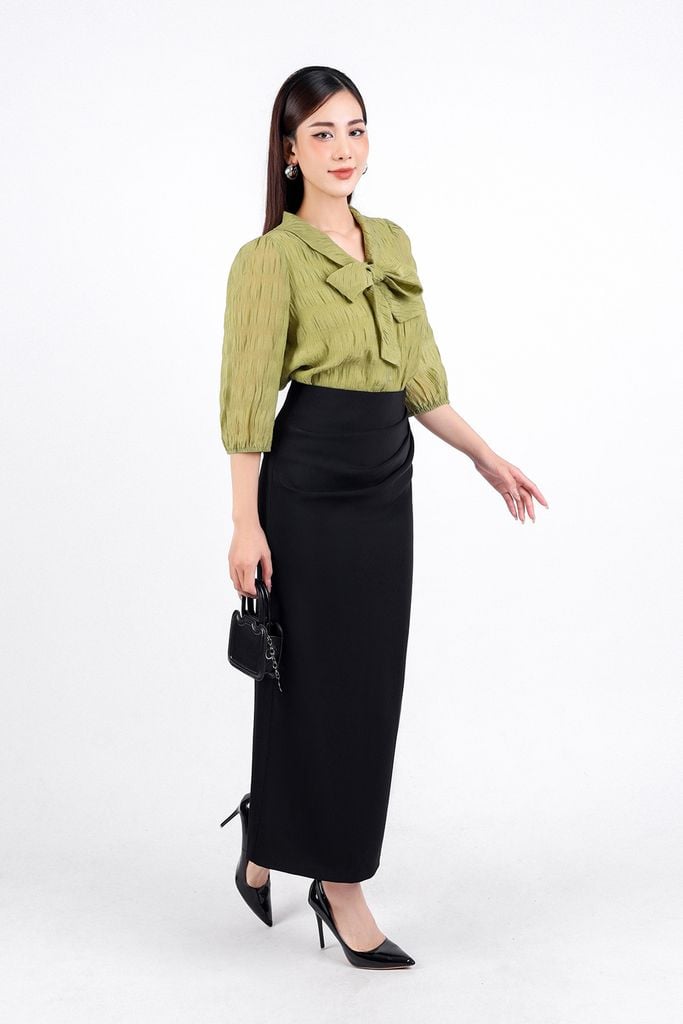 FAS33672 - Áo sơ mi công sở vải tơ hai lớp lót chifon dáng suông cổ chữ V phối vạt thắt nơ tạo kiểu tay lửng bo chun tay áo - PANTIO