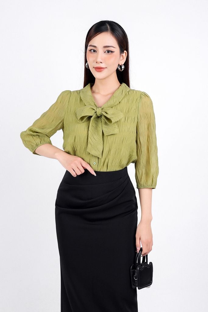 FAS33672 - Áo sơ mi công sở vải tơ hai lớp lót chifon dáng suông cổ chữ V phối vạt thắt nơ tạo kiểu tay lửng bo chun tay áo - PANTIO