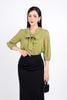 FAS33672 - Áo sơ mi công sở vải tơ hai lớp lót chifon dáng suông cổ chữ V phối vạt thắt nơ tạo kiểu tay lửng bo chun tay áo - PANTIO