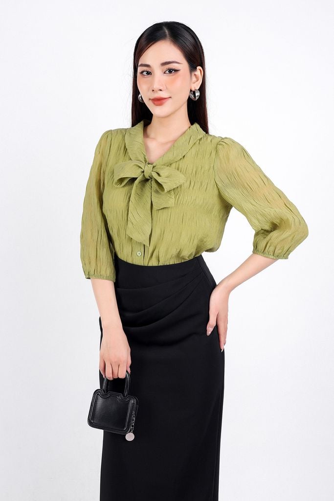 FAS33672 - Áo sơ mi công sở vải tơ hai lớp lót chifon dáng suông cổ chữ V phối vạt thắt nơ tạo kiểu tay lửng bo chun tay áo - PANTIO
