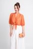 FAS33675 - Áo kiểu dạo phố vải thô dáng croptop cổ V phối cúc bọc buộc nơ eo tạo kiểu gấu tay bo chun - PANTIO