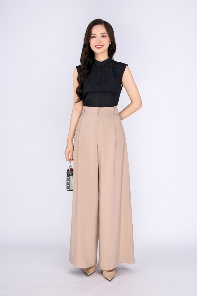 FQD51098 - Quần công sở vải thô dáng suông ống rộng cạp phối đỉa tạo kiểu thân sau có nắp túi trang trí - PANTIO