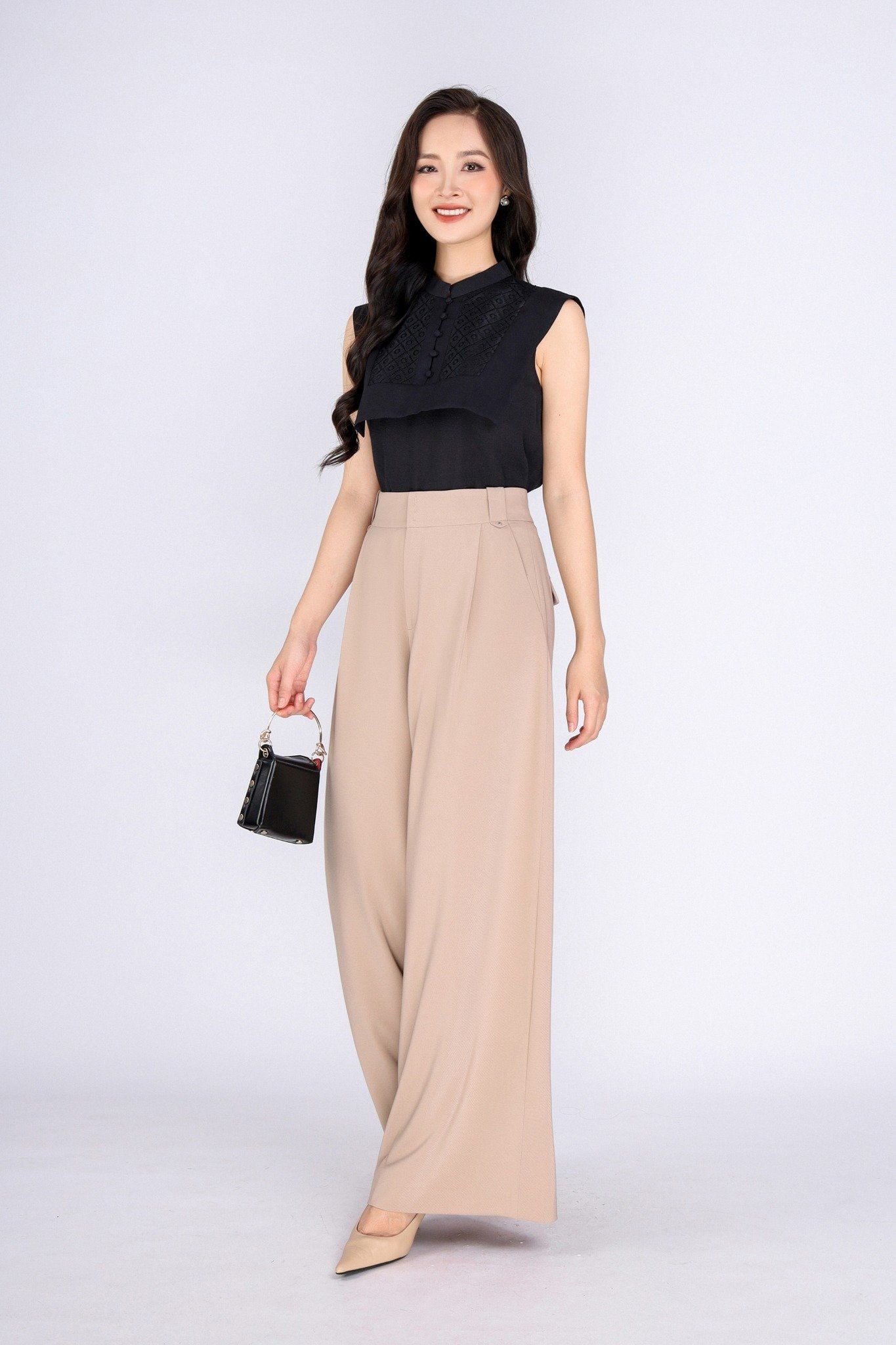 FQD51098 - Quần công sở vải thô dáng suông ống rộng cạp phối đỉa tạo kiểu thân sau có nắp túi trang trí - PANTIO