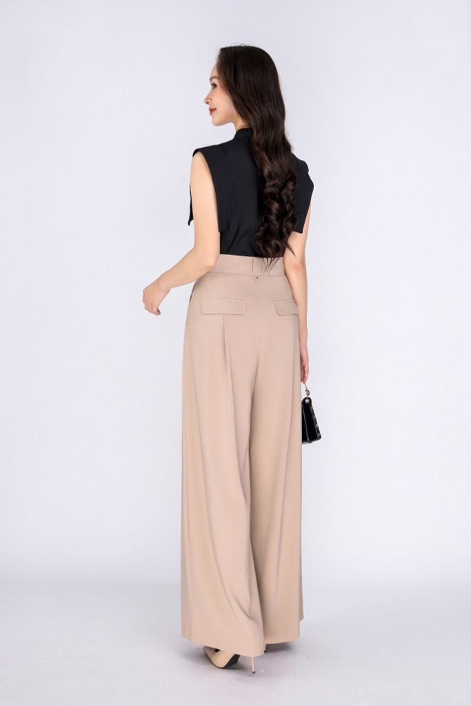 FQD51098 - Quần công sở vải thô dáng suông ống rộng cạp phối đỉa tạo kiểu thân sau có nắp túi trang trí - PANTIO