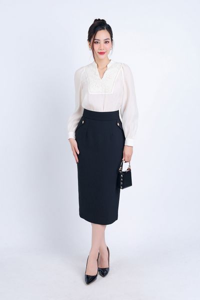 FAS33679 - Áo sơ mi công sở vải tơ dáng suông cổ V thân áo phối ren hoa tạo kiểu - PANTIO