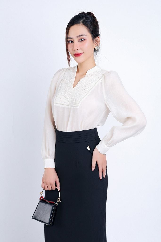 FAS33679 - Áo sơ mi công sở vải tơ dáng suông cổ V thân áo phối ren hoa tạo kiểu - PANTIO