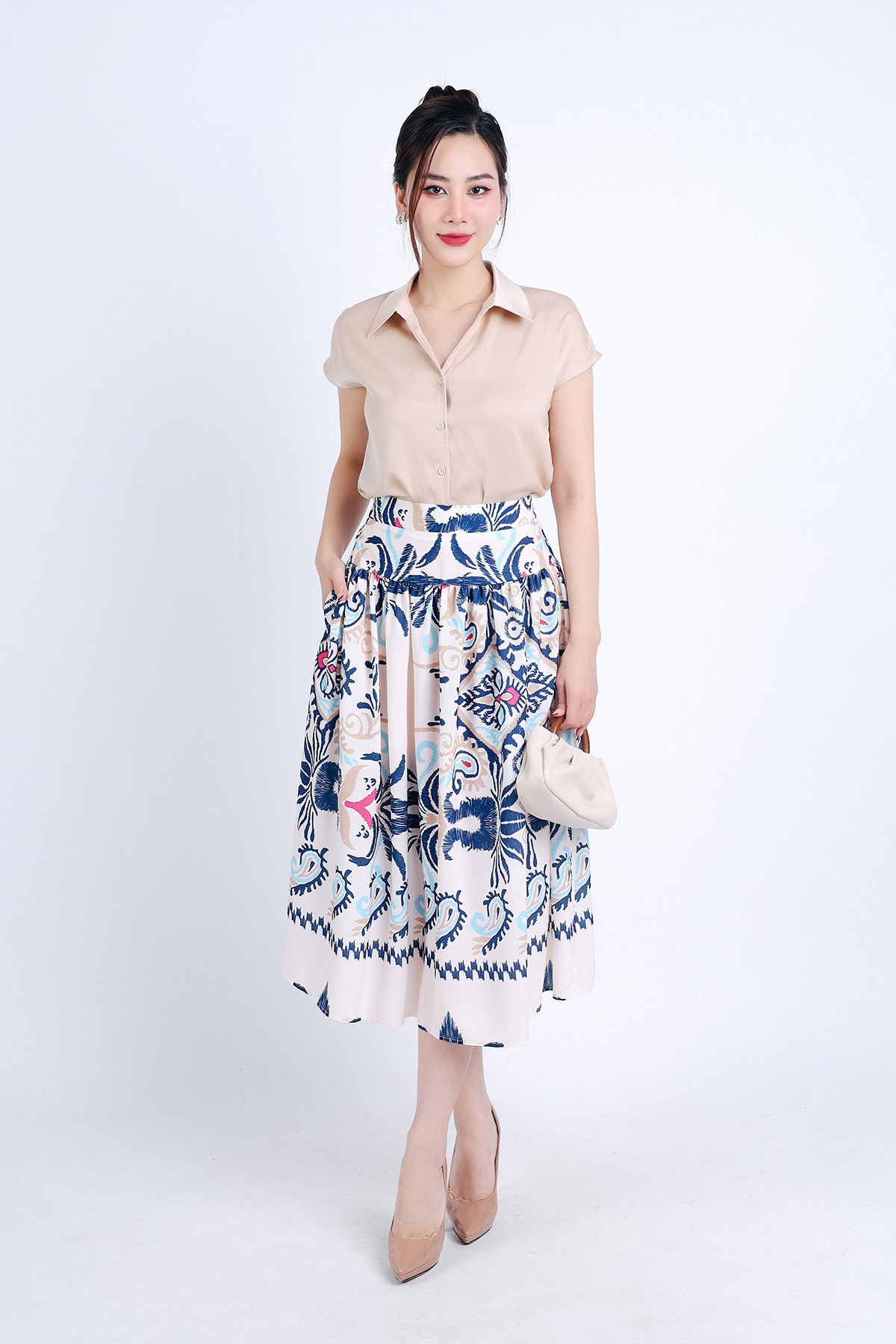 BJD33102 - Chân váy dạo phố vải thô lụa dáng suông eo đáp cạp bản to xếp nhún tạo kiểu khoá bên hông- PANTIO