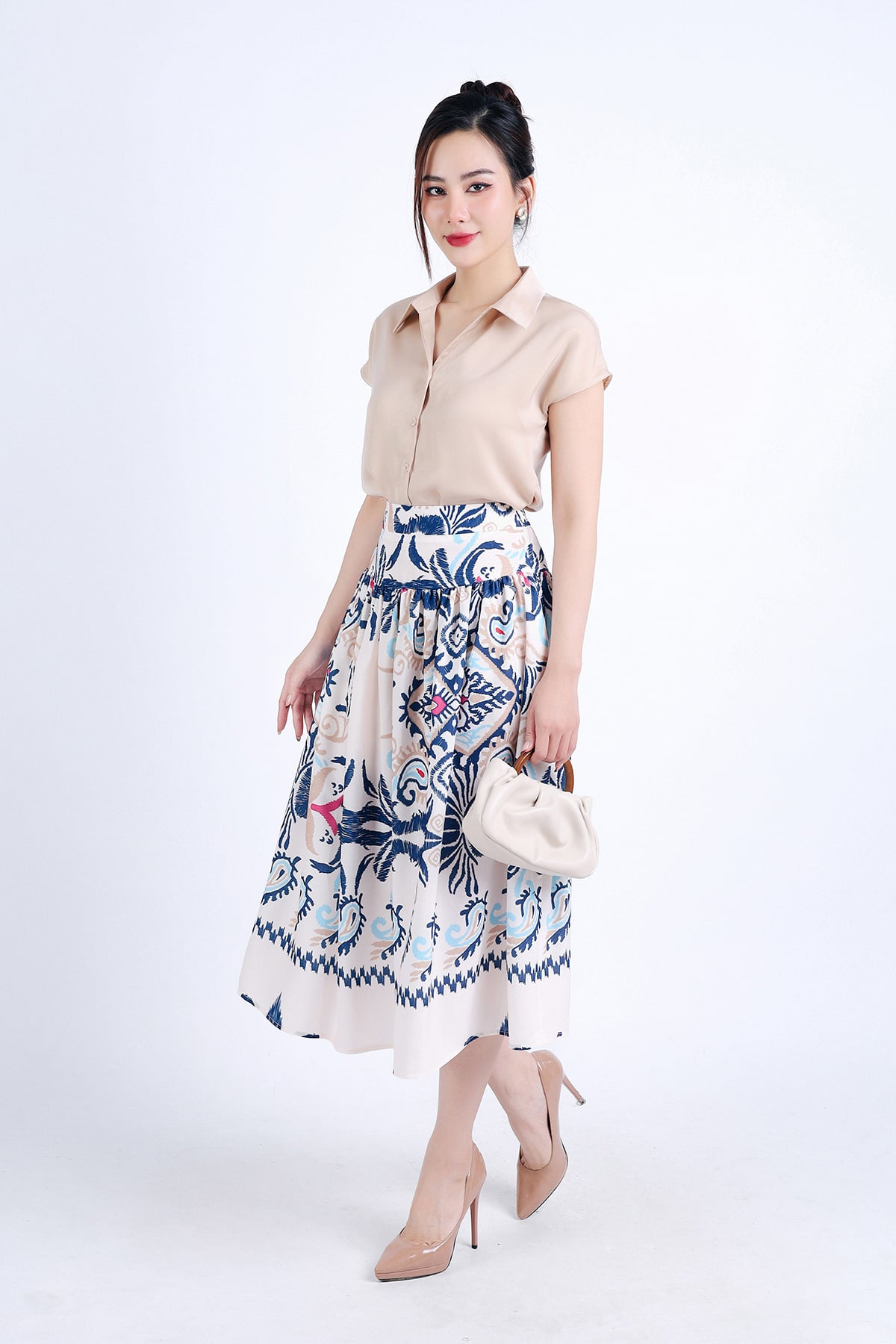 BJD33102 - Chân váy dạo phố vải thô lụa dáng suông eo đáp cạp bản to xếp nhún tạo kiểu khoá bên hông- PANTIO