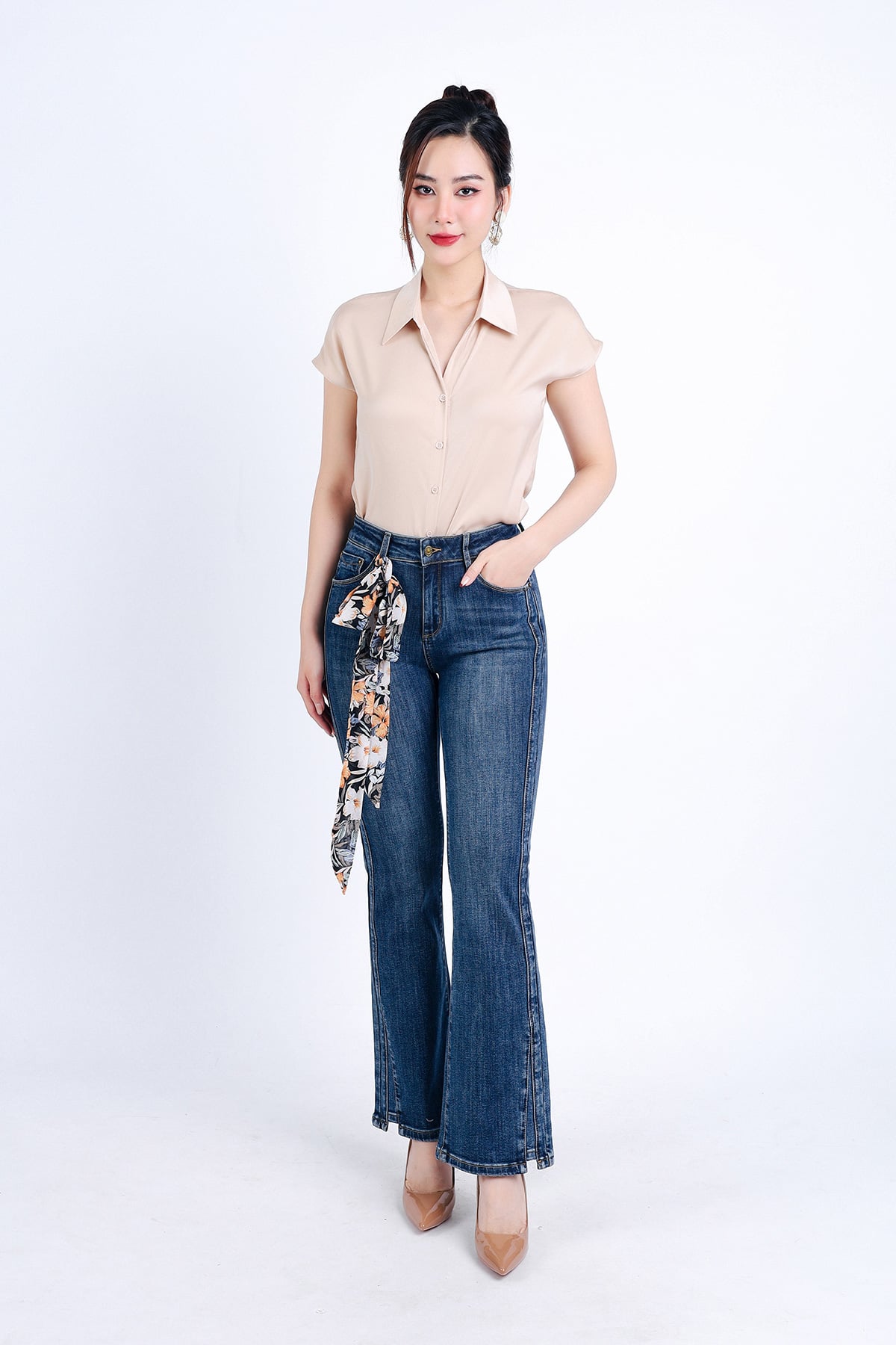 FQB174 - Quần Jean cao cấp vải Denim dáng loe ống vẩy kèm dây vải tạo kiểu - PANTIO