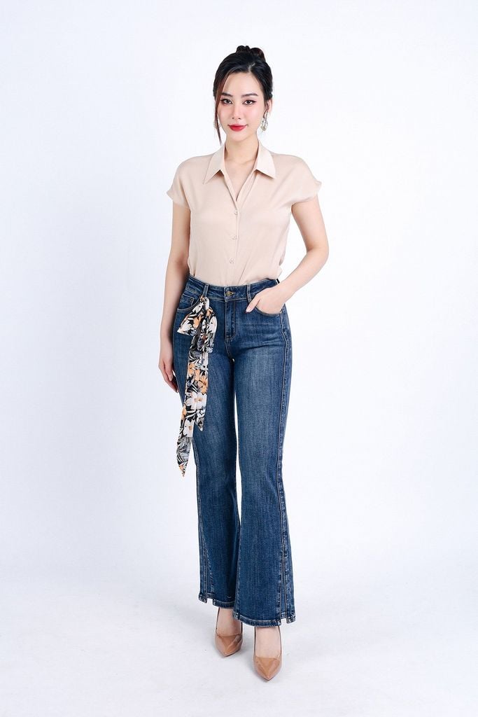 FQB174 - Quần Jean cao cấp vải Denim dáng loe ống vẩy kèm dây vải tạo kiểu - PANTIO