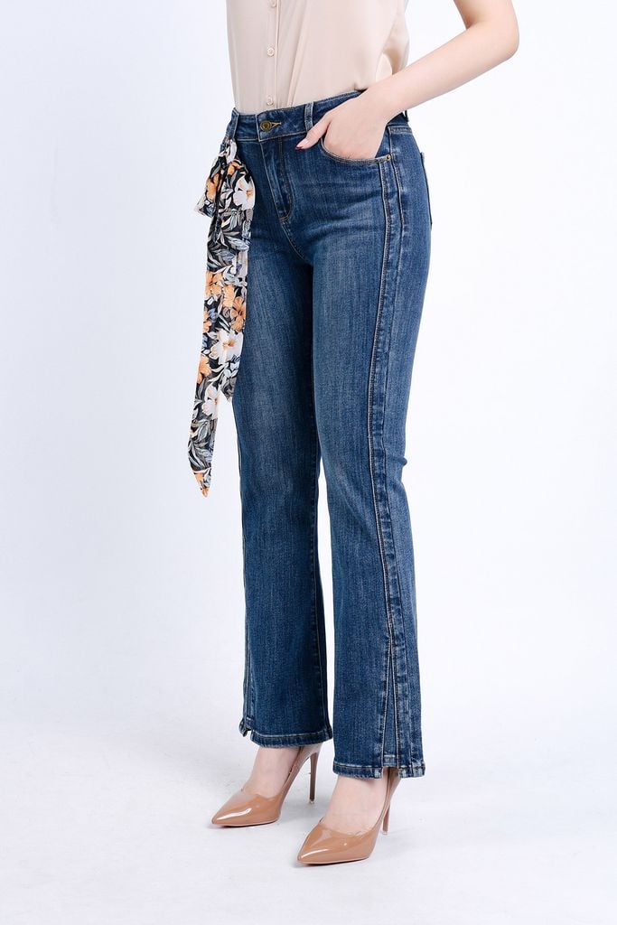 FQB174 - Quần Jean cao cấp vải Denim dáng loe ống vẩy kèm dây vải tạo kiểu - PANTIO