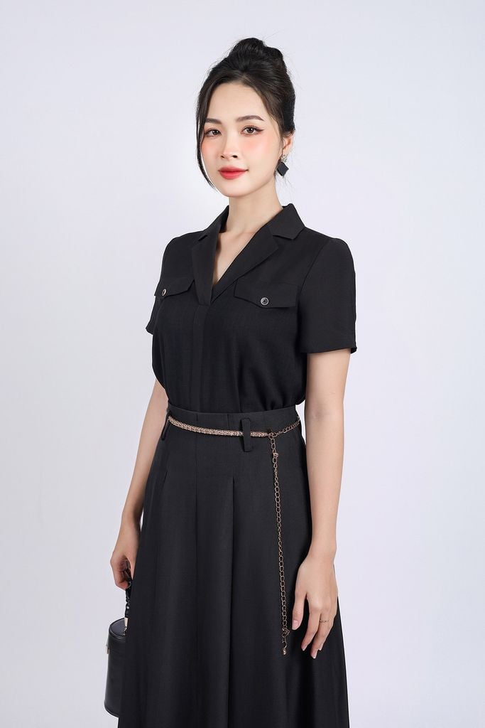 FAS33690 - Áo sơ mi công sở vải thô đũi dáng suông cổ hai ve thân áo phối túi ốp đính khuy tạo kiểu cài khuy thân trước - PANTIO