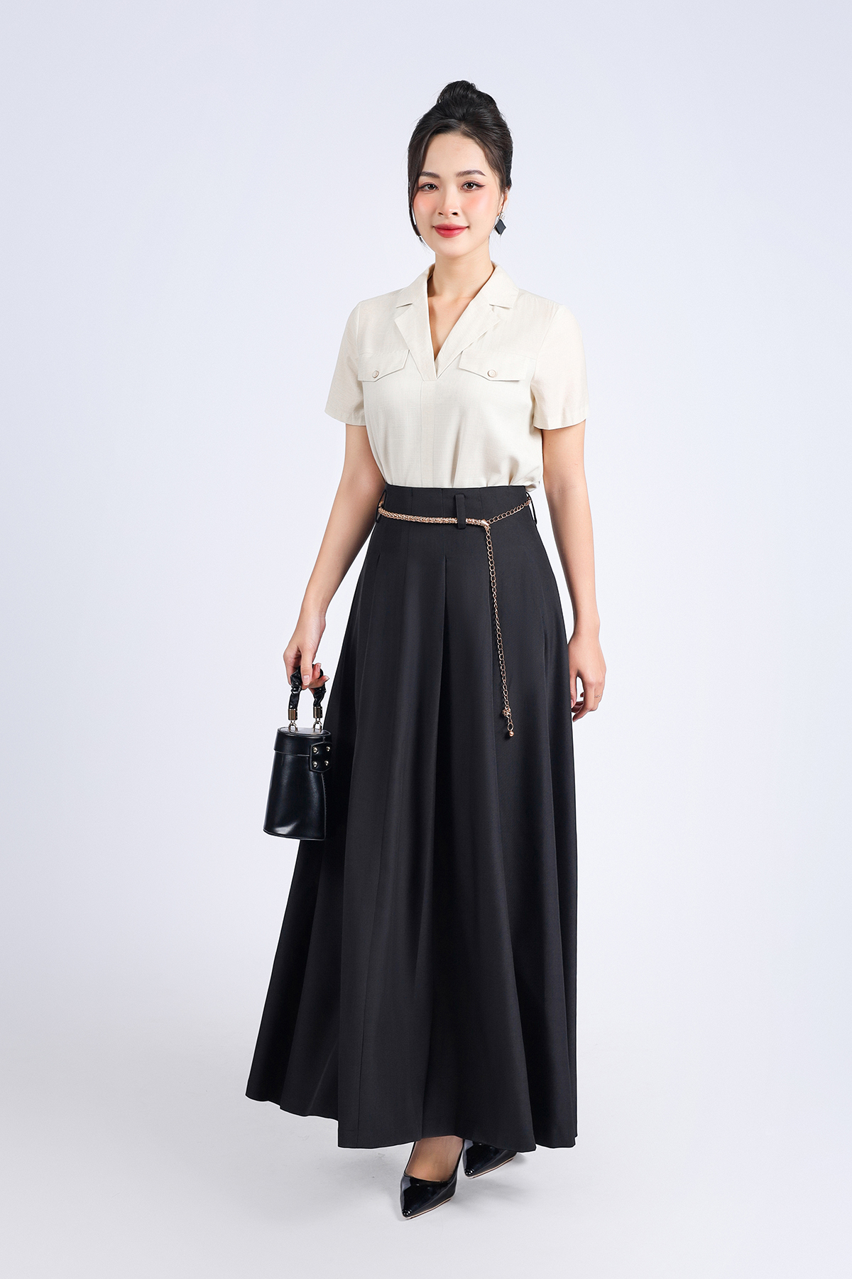 FJD51209 - Chân váy công sở vải thô dáng suông dài thân váy xếp ly bong tạo kiểu - PANTIO