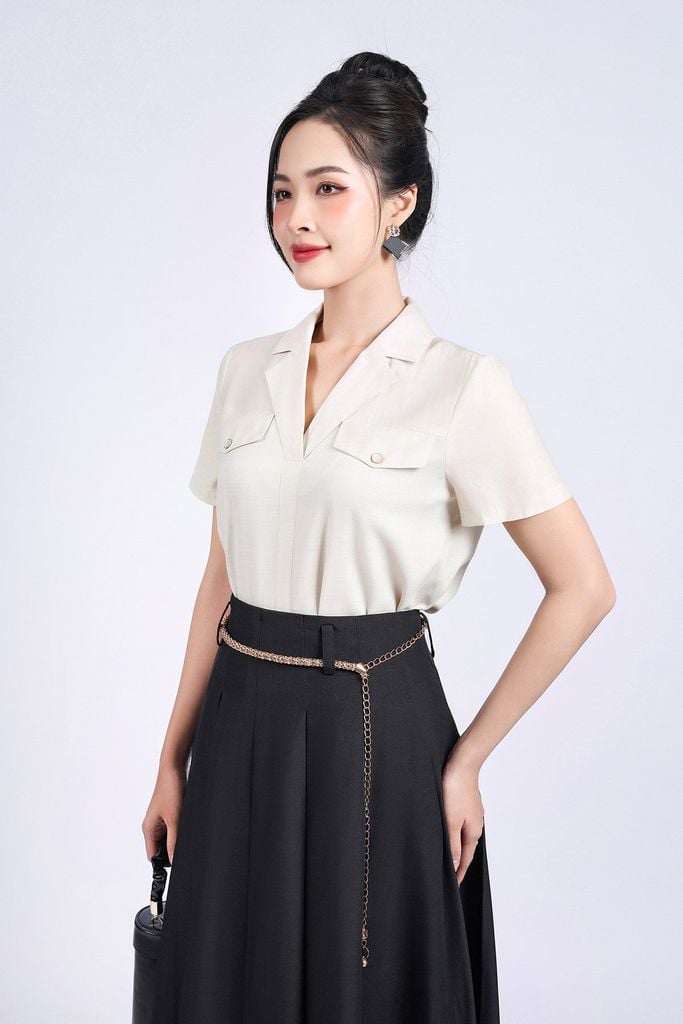 FJD51209 - Chân váy công sở vải thô dáng suông dài thân váy xếp ly bong tạo kiểu - PANTIO
