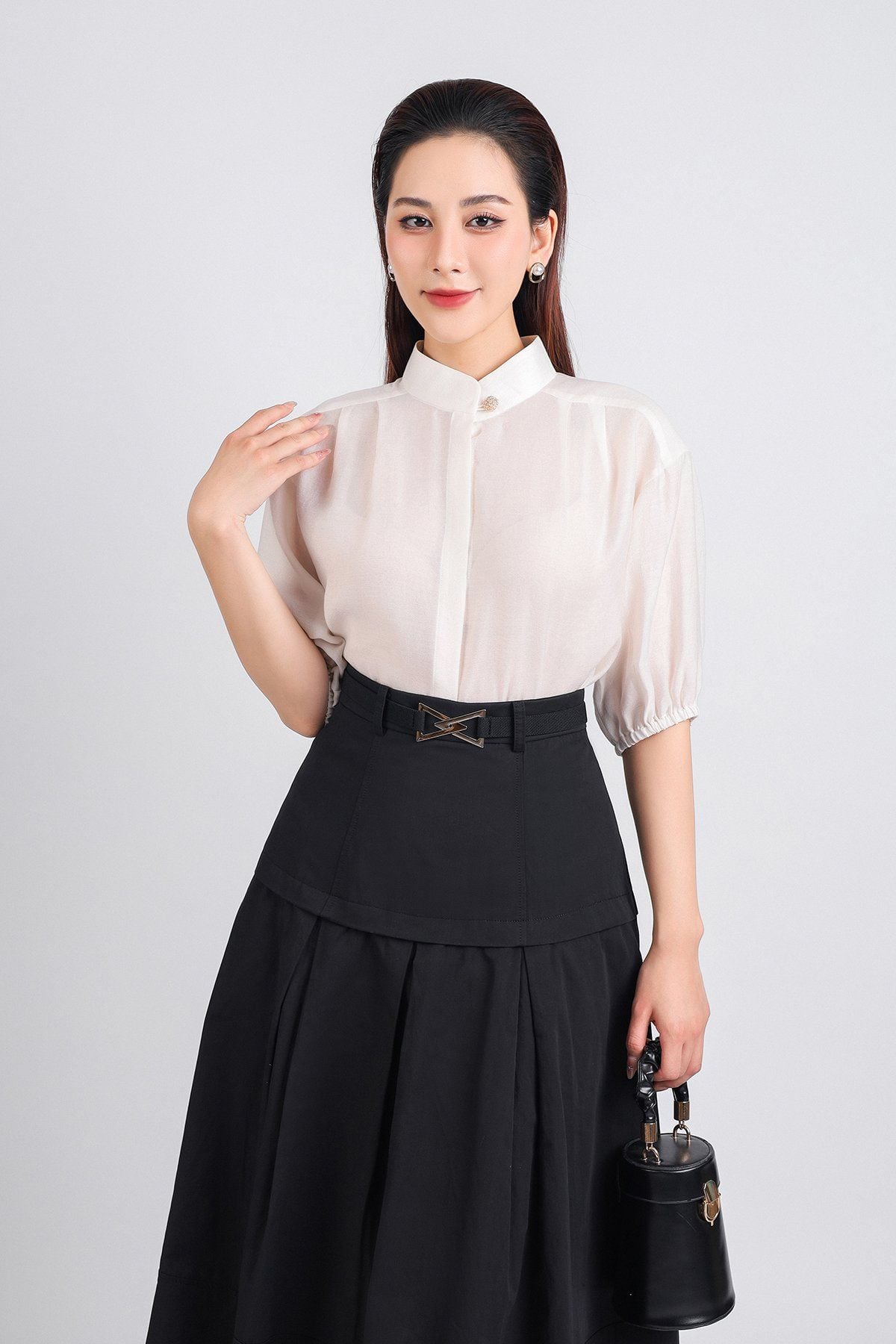 FJD51131 - Chân váy công sở vải Kaki dáng A dài hai lớp lót vải boi eo đáp cạp bản to thân váy xếp ly kèm đai lưng chun khoá thân sau - PANTIO