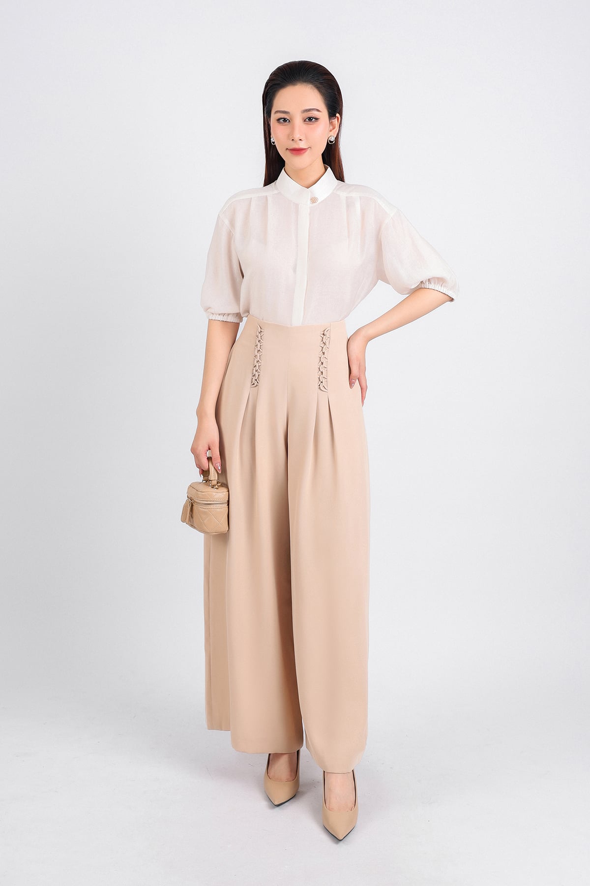 FQD51105 - Quần công sở vải tuytsi dáng suông dài hai lớp lót habutai eo phối dây đan chéo thân ly bong tạo kiểu - PANTIO