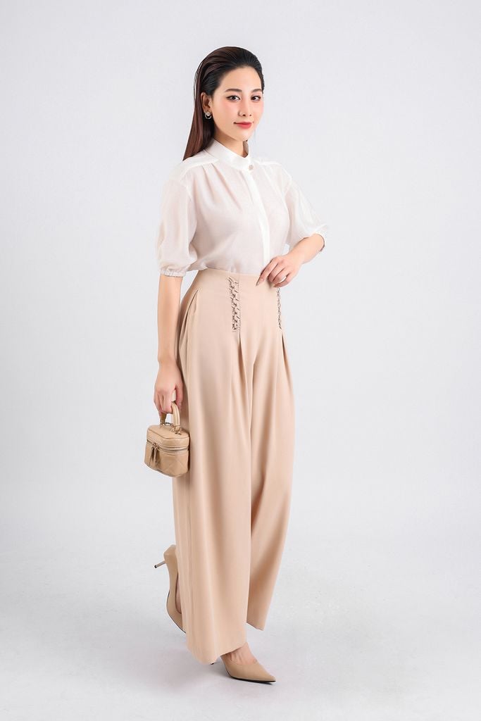 FQD51105 - Quần công sở vải tuyp xy dáng suông dài hai lớp lót habutai eo phối dây đan chéo thân ly bong tạo kiểu - PANTIO