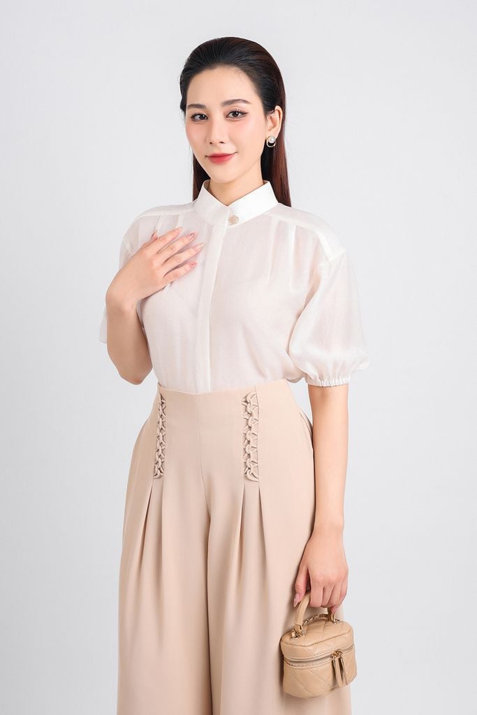 FQD51105 - Quần công sở vải tuyp xy dáng suông dài hai lớp lót habutai eo phối dây đan chéo thân ly bong tạo kiểu - PANTIO