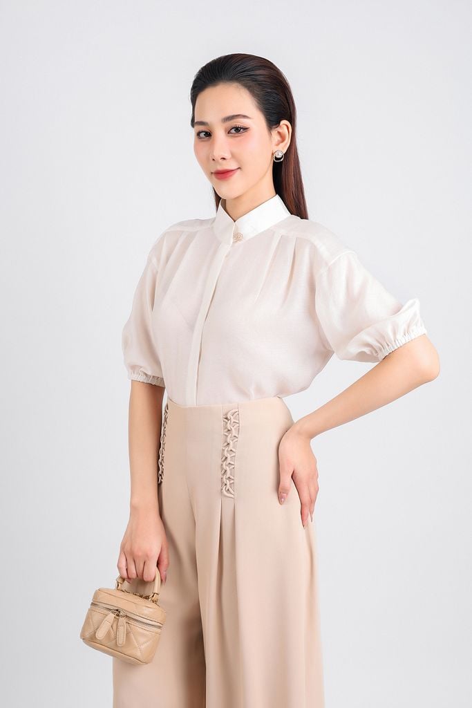 FQD51105 - Quần công sở vải tuyp xy dáng suông dài hai lớp lót habutai eo phối dây đan chéo thân ly bong tạo kiểu - PANTIO