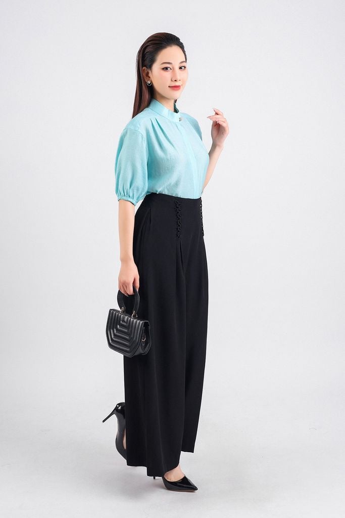 FQD51105 - Quần công sở vải tuyp xy dáng suông dài hai lớp lót habutai eo phối dây đan chéo thân ly bong tạo kiểu - PANTIO