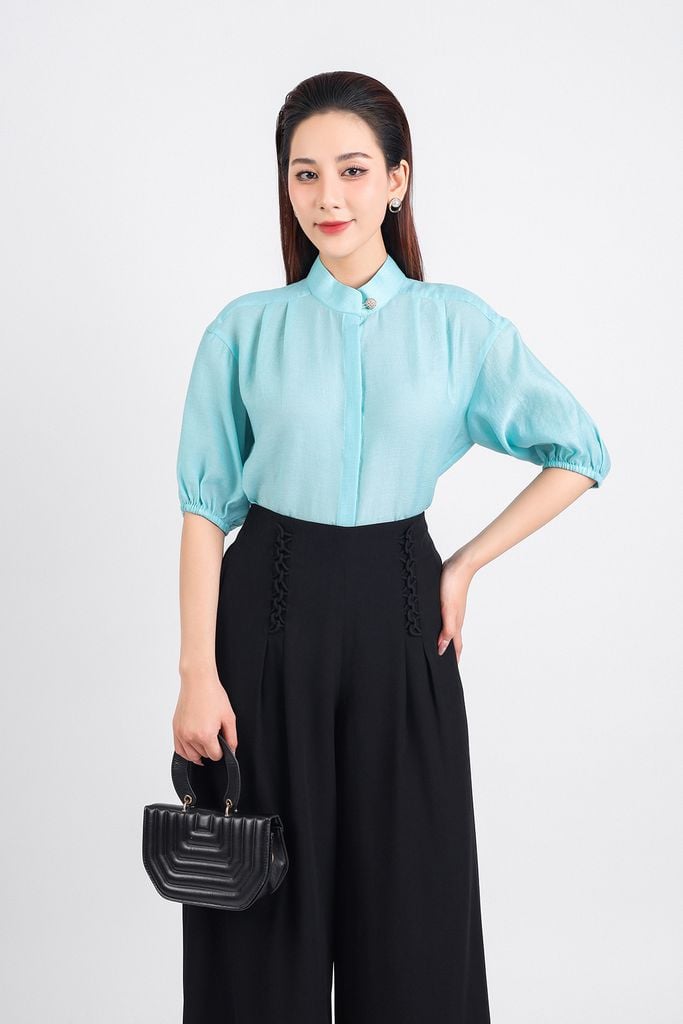 FQD51105 - Quần công sở vải tuyp xy dáng suông dài hai lớp lót habutai eo phối dây đan chéo thân ly bong tạo kiểu - PANTIO