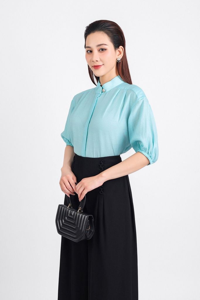 FQD51105 - Quần công sở vải tuyp xy dáng suông dài hai lớp lót habutai eo phối dây đan chéo thân ly bong tạo kiểu - PANTIO