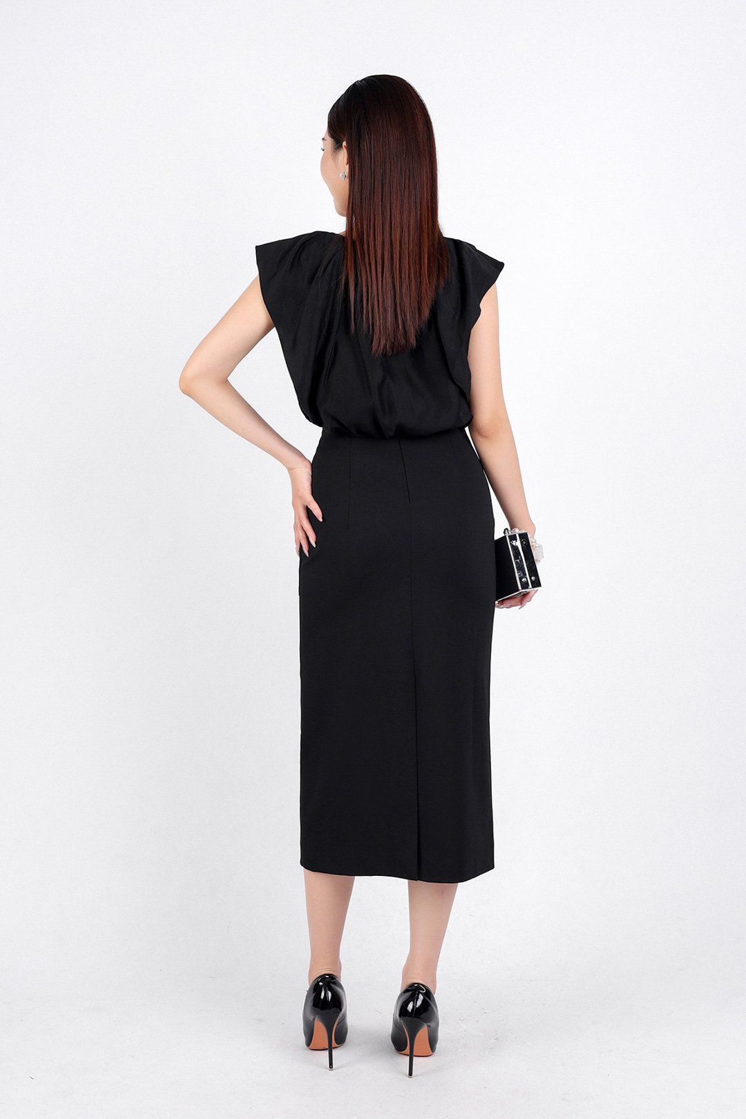 FAS33706 - Áo sơ mi công sở vải tơ dáng lửng hai lớp lót vải boi cổ tròn vai chờm thân áo nhún bèo tạo kiểu - PANTIO