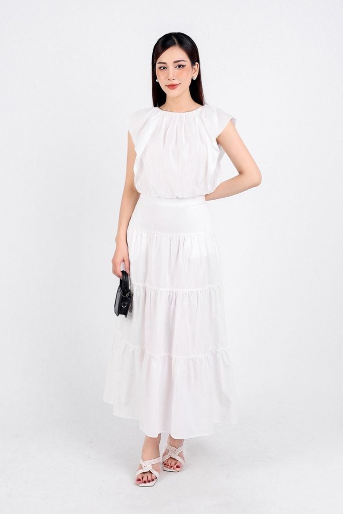 BJD33071 - Chân váy dạo phố vải kaki dáng xoè dài thân váy xếp tầng khoá thân sau - PANTIO