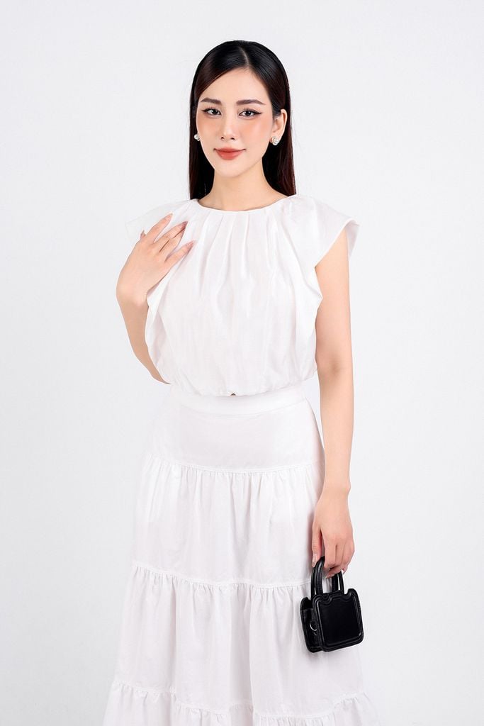 BJD33071 - Chân váy dạo phố vải kaki dáng xoè dài thân váy xếp tầng khoá thân sau - PANTIO