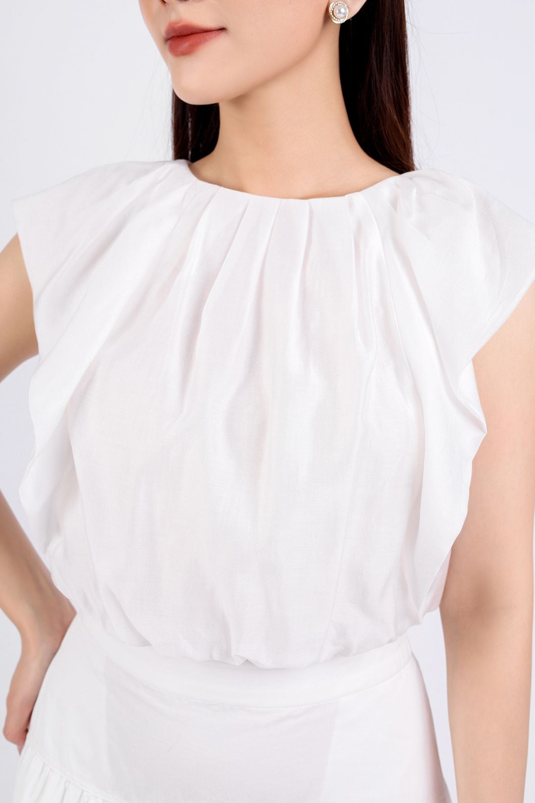 FAS33706 - Áo sơ mi công sở vải tơ dáng lửng hai lớp lót vải boi cổ tròn vai chờm thân áo nhún bèo tạo kiểu - PANTIO