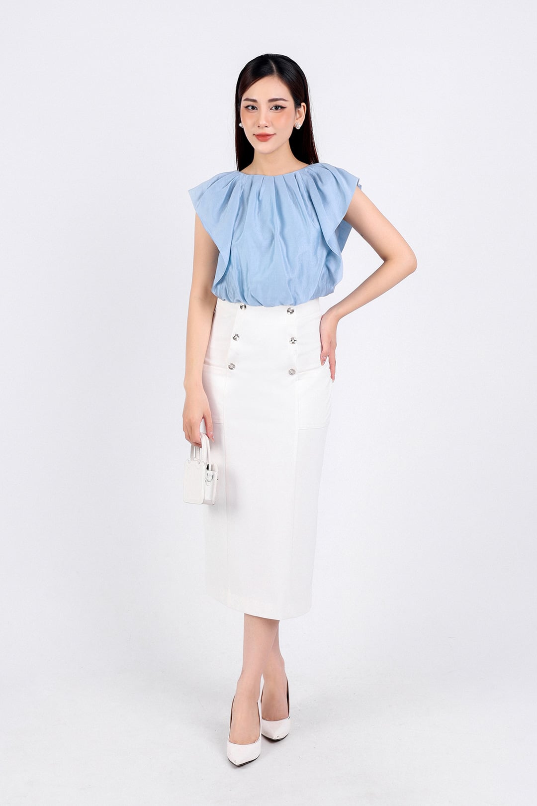 FAS33706 - Áo sơ mi công sở vải tơ dáng lửng hai lớp lót vải boi cổ tròn vai chờm thân áo nhún bèo tạo kiểu - PANTIO