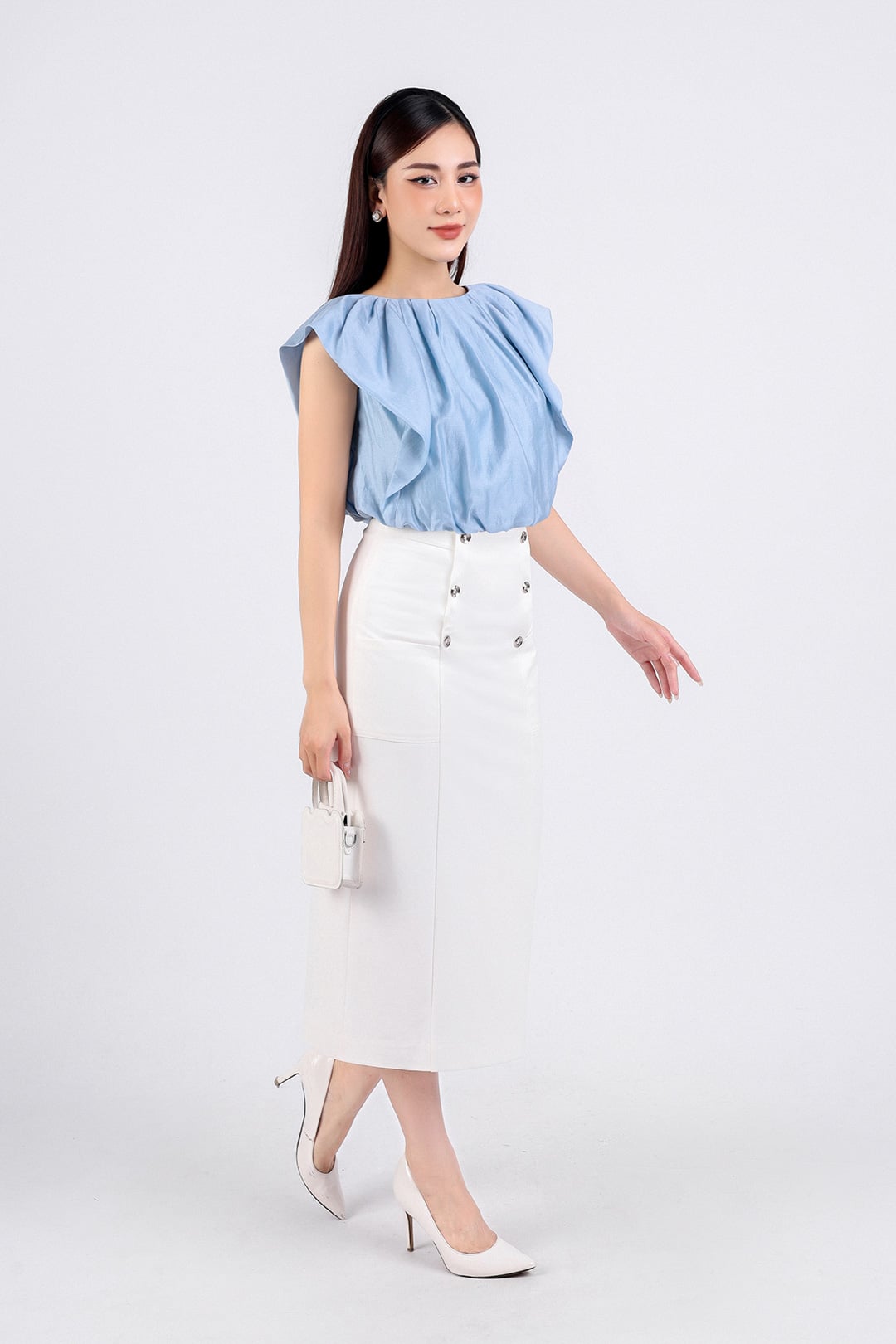 FAS33706 - Áo sơ mi công sở vải tơ dáng lửng hai lớp lót vải boi cổ tròn vai chờm thân áo nhún bèo tạo kiểu - PANTIO