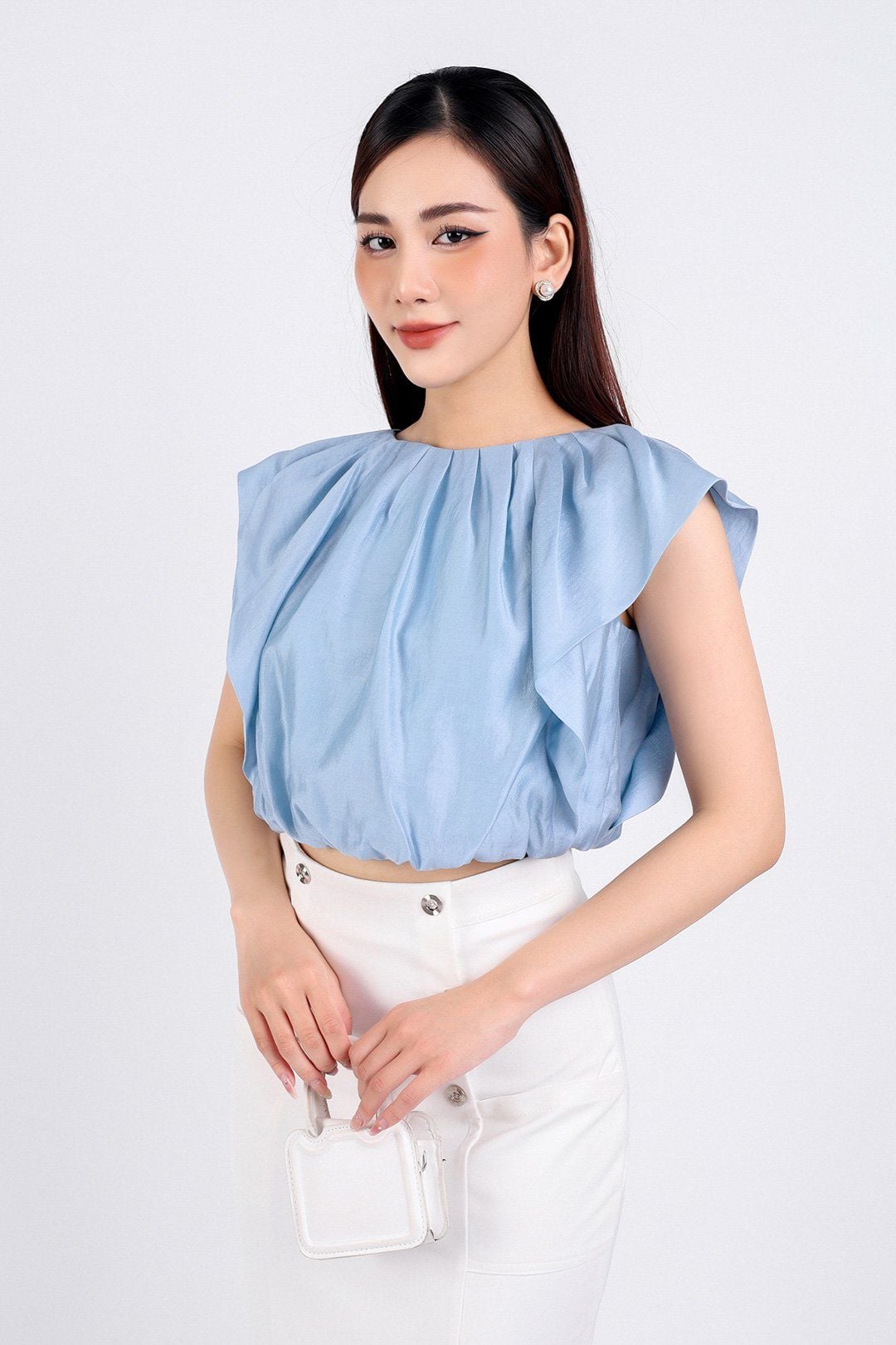 FAS33706 - Áo sơ mi công sở vải tơ dáng lửng hai lớp lót vải boi cổ tròn vai chờm thân áo nhún bèo tạo kiểu - PANTIO