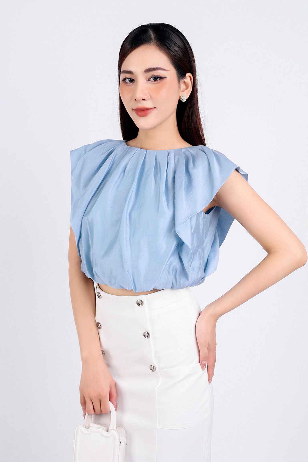 FAS33706 - Áo sơ mi công sở vải tơ dáng lửng hai lớp lót vải boi cổ tròn vai chờm thân áo nhún bèo tạo kiểu - PANTIO