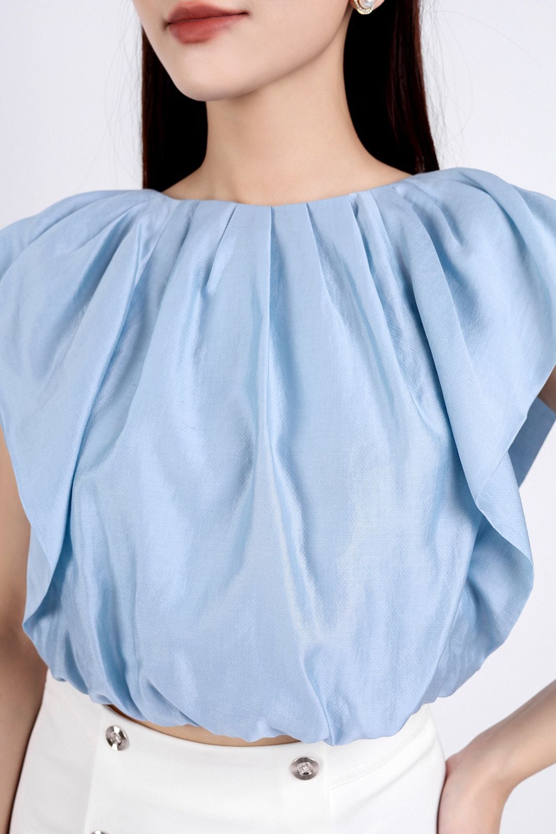 FAS33706 - Áo sơ mi công sở vải tơ dáng lửng hai lớp lót vải boi cổ tròn vai chờm thân áo nhún bèo tạo kiểu - PANTIO