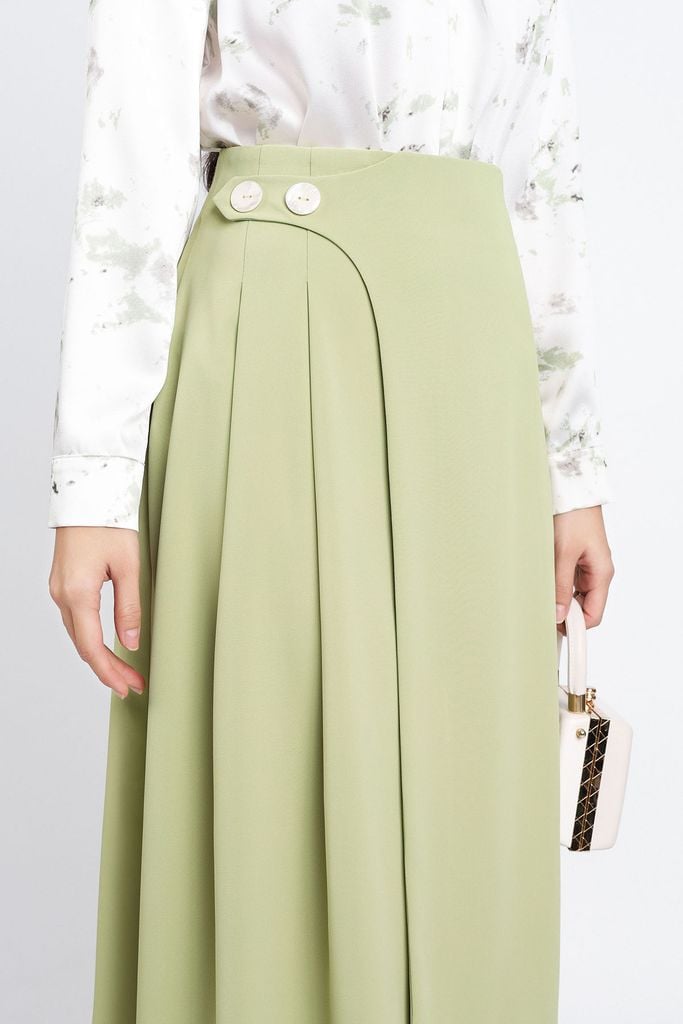 FJD31158 - Chân váy công sở vải tuytsi dáng xoè hai lớp lót habutai thân váy xếp ly một bên eo phối khuy tạo kiểu khoá thân sau - PANTIO