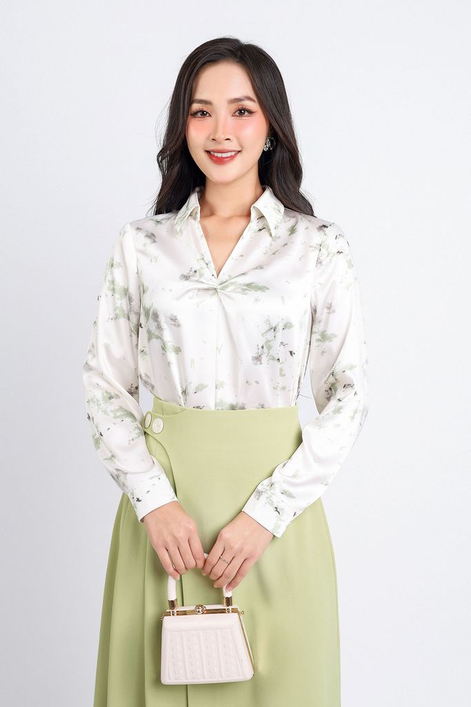 FJD31158 - Chân váy công sở vải tuytsi dáng xoè hai lớp lót habutai thân váy xếp ly một bên eo phối khuy tạo kiểu khoá thân sau - PANTIO