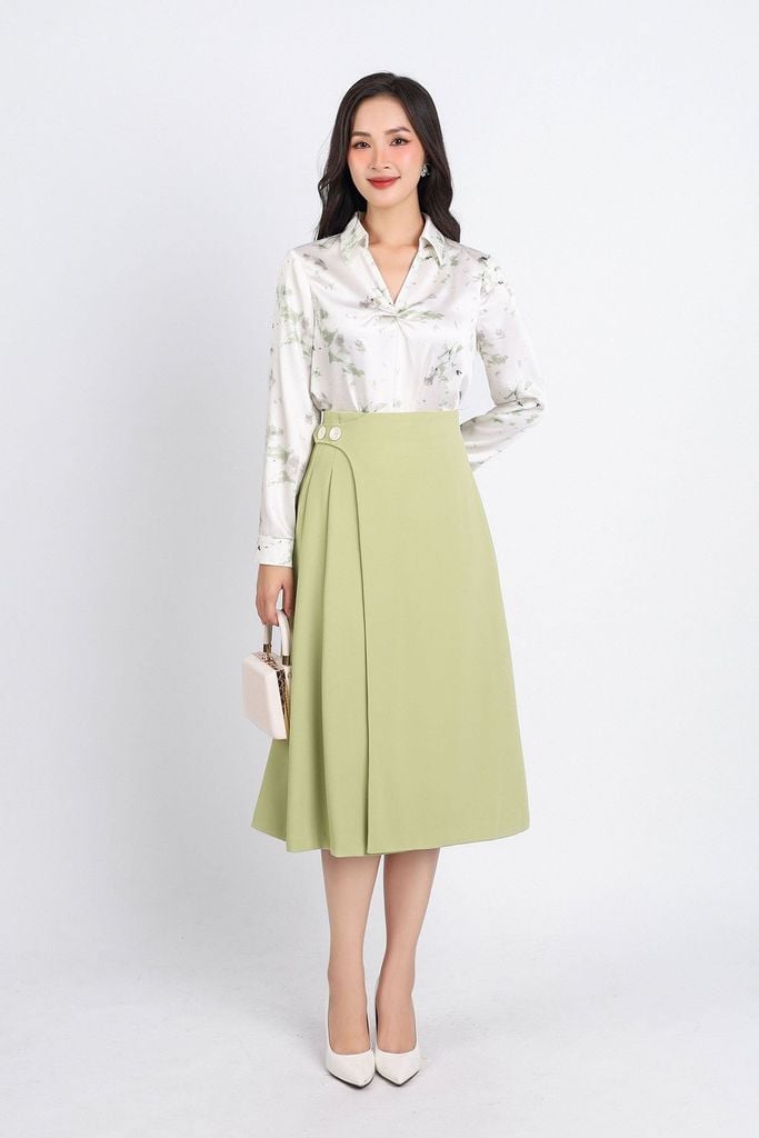 FJD31158 - Chân váy công sở vải tuytsi dáng xoè hai lớp lót habutai thân váy xếp ly một bên eo phối khuy tạo kiểu khoá thân sau - PANTIO