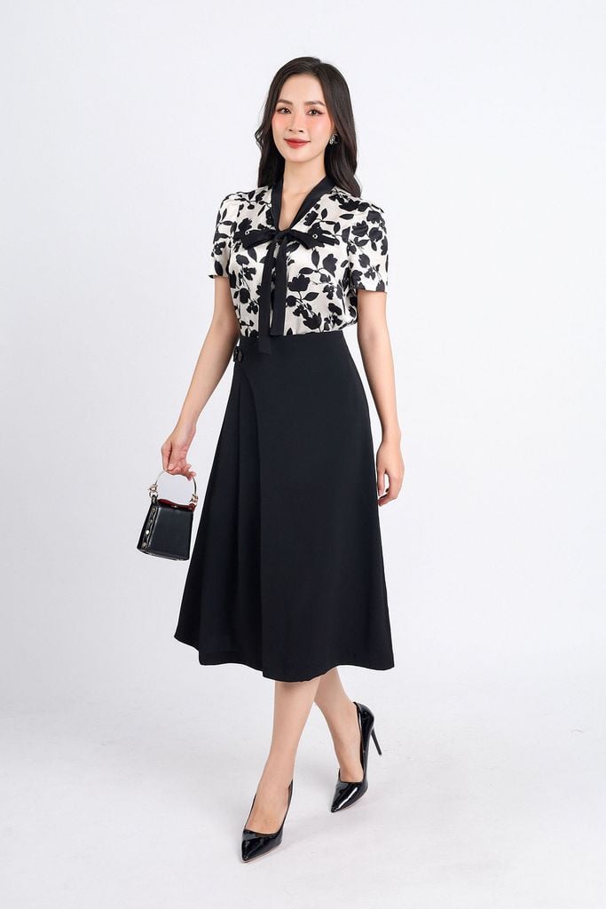 FJD31158 - Chân váy công sở vải tuytsi dáng xoè hai lớp lót habutai thân váy xếp ly một bên eo phối khuy tạo kiểu khoá thân sau - PANTIO