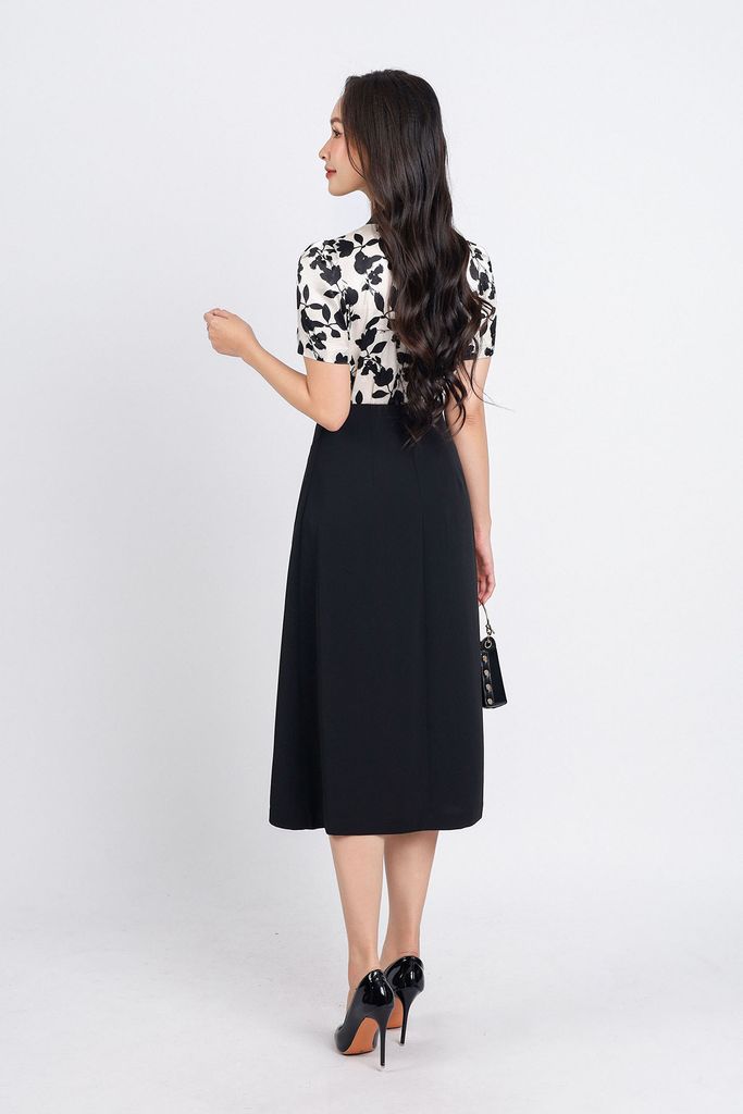 FJD31158 - Chân váy công sở vải tuytsi dáng xoè hai lớp lót habutai thân váy xếp ly một bên eo phối khuy tạo kiểu khoá thân sau - PANTIO